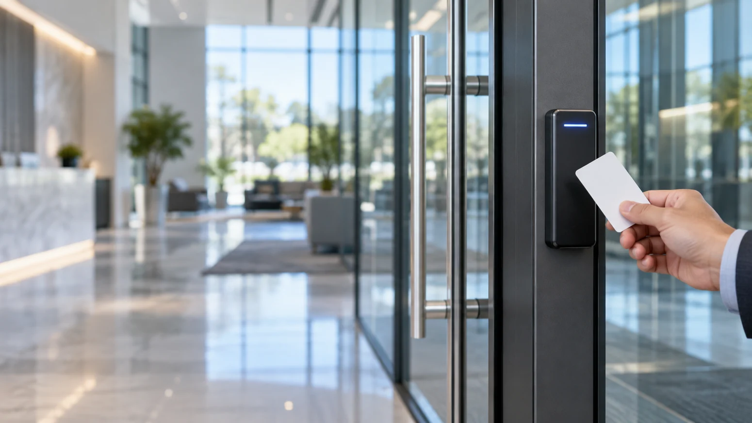 Secure entry reader in a modern commercial office lobby